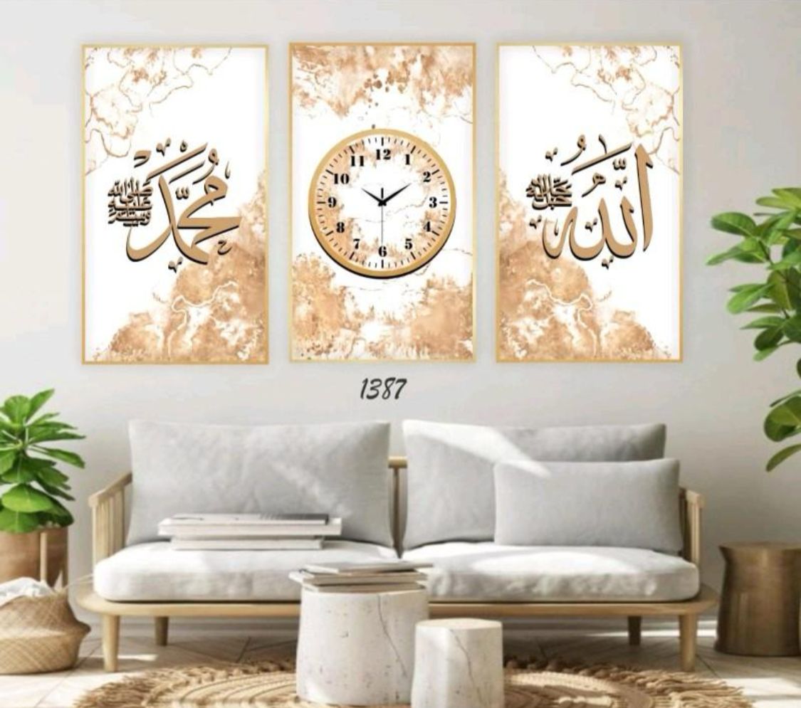 Islamic 3 pieace clock set 30*60cm each wooden base and printed