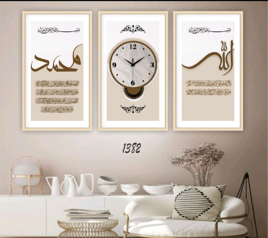 Islamic 3 pieace clock set 30*60cm each wooden base and printed