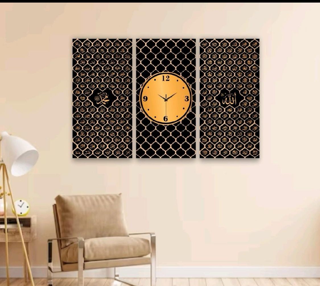 Islamic 3 pieace clock set 30*60cm each wooden base and printed