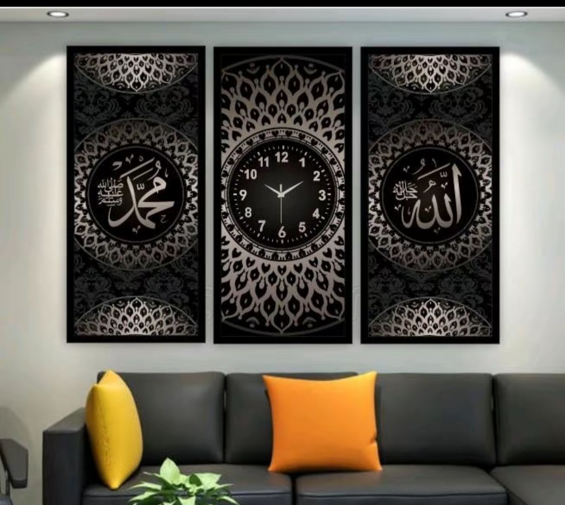 Islamic 3 pieace clock set 30*60cm each wooden base and printed